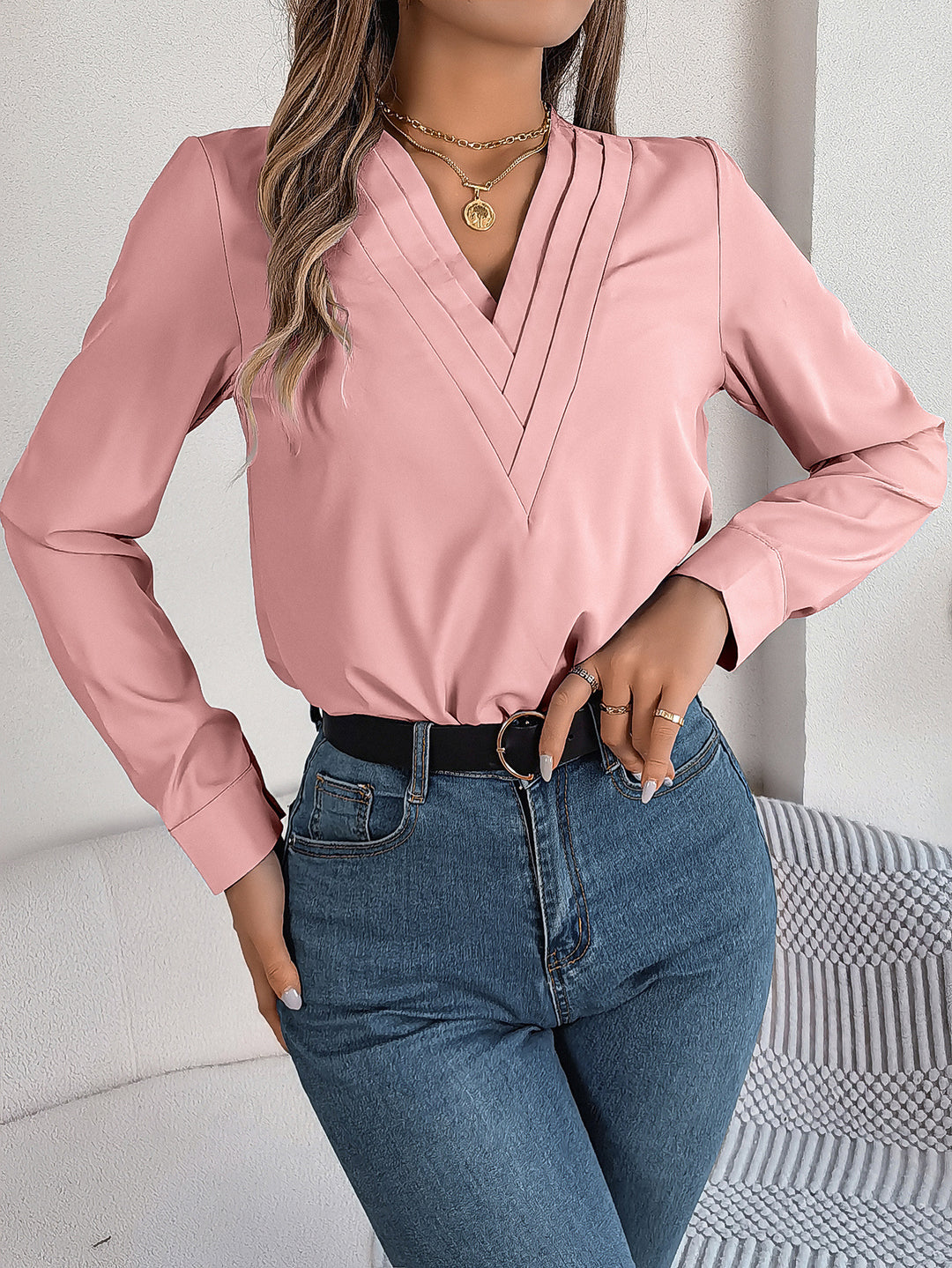 Fashion V-hals langærmet skjorte Elegant pendler solid bluse kontor dametøj