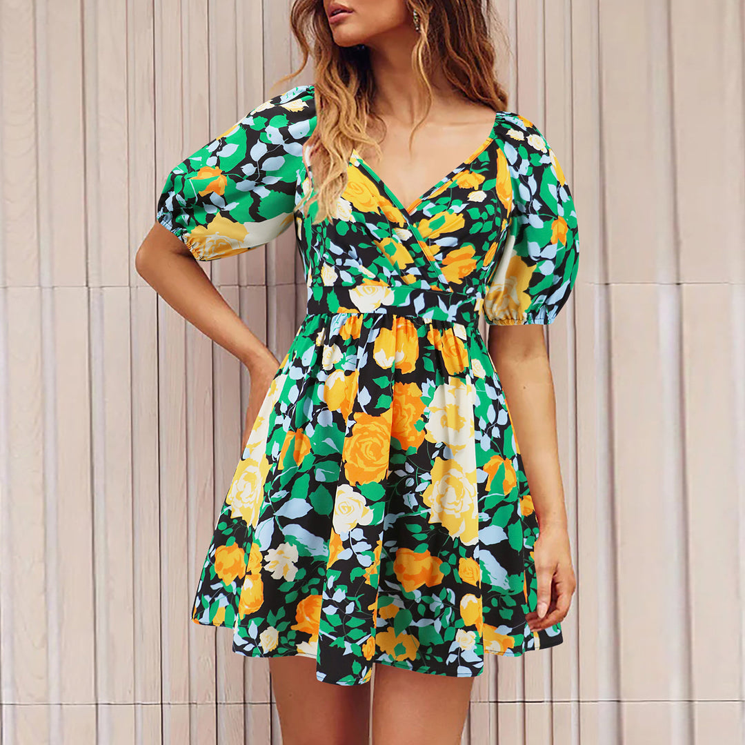 Flowers Print V-Neck Lantern-sleeve Dress