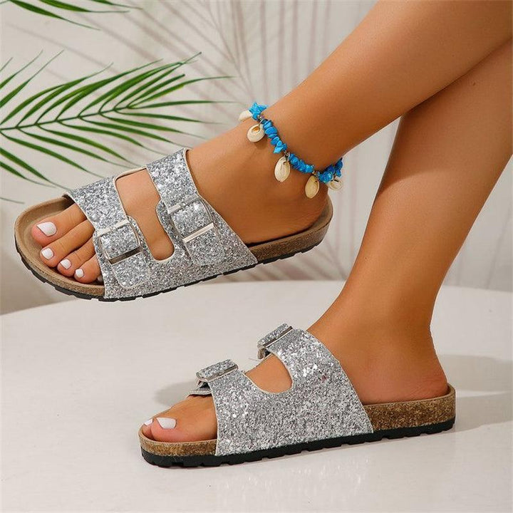 Sandalen met dubbele gesp voor dames Nieuwe mode strandschoenen met lovertjes Zomervrije tijd Outdoor Slippers Slides