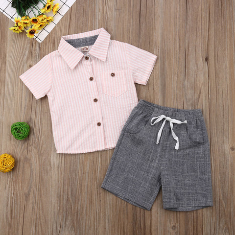 New Boys Short Sleeve Casual Lapel Striped Shirt Shorts Set