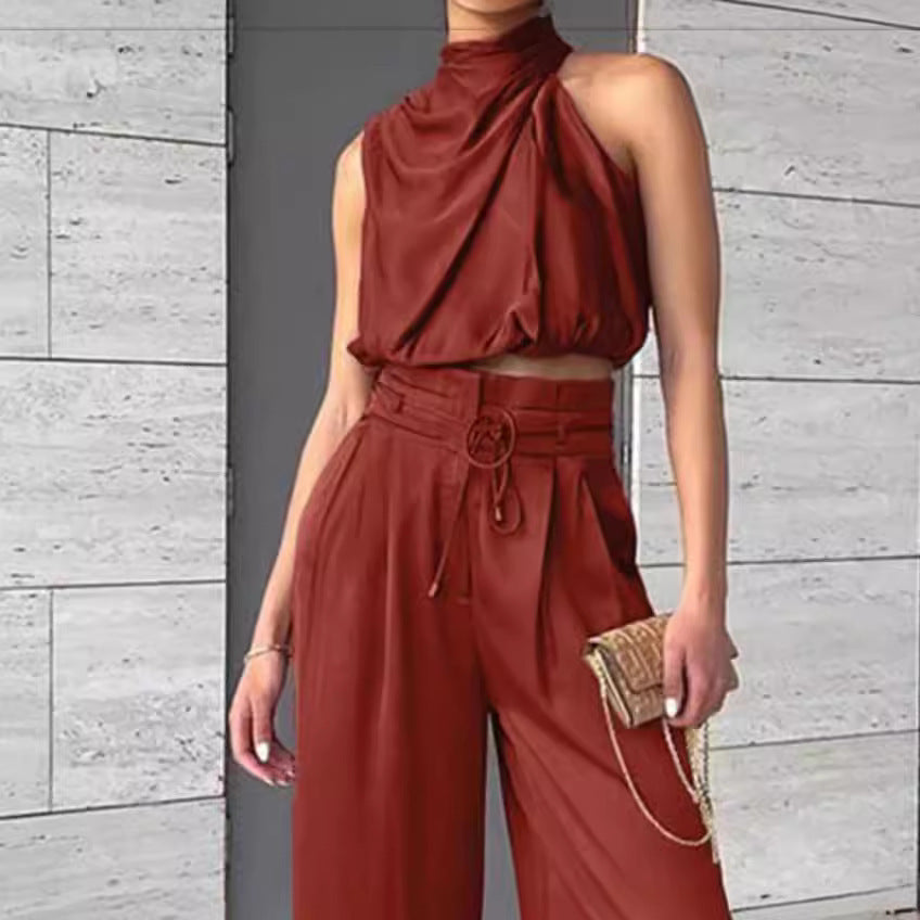 2pc Casual Sleeveless Midriff-baring Top And Wide Leg Pants Set