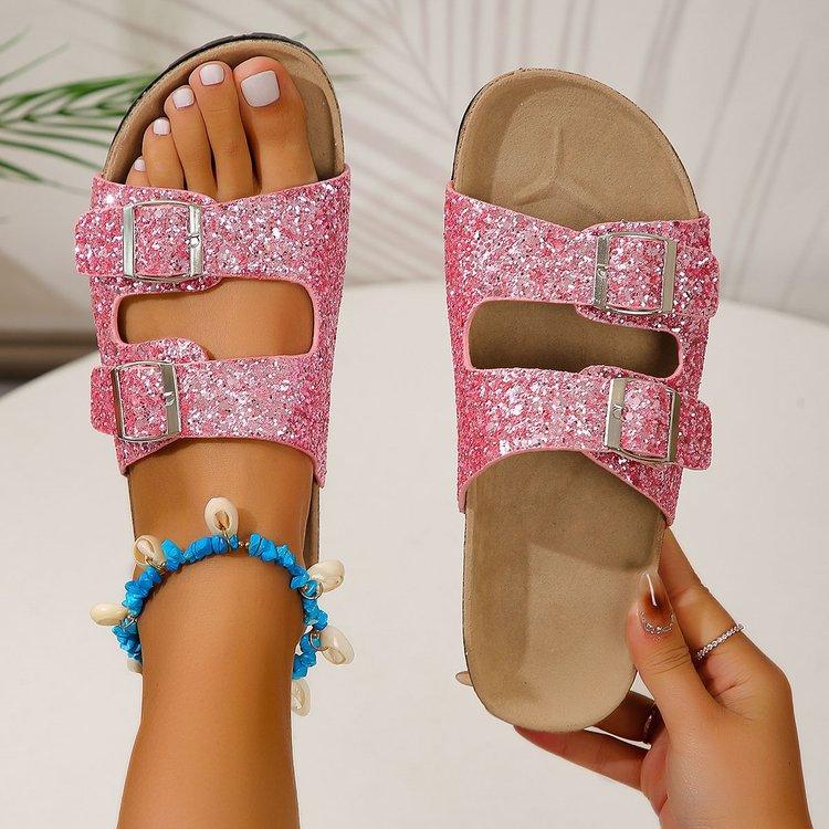 Sandalen met dubbele gesp voor dames Nieuwe mode strandschoenen met lovertjes Zomervrije tijd Outdoor Slippers Slides