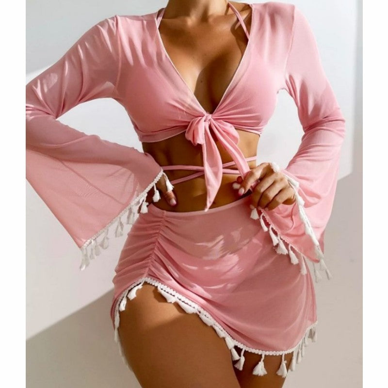 4pcs Solid Color Bikini With Short Skirt And Long Sleeve Cover-up