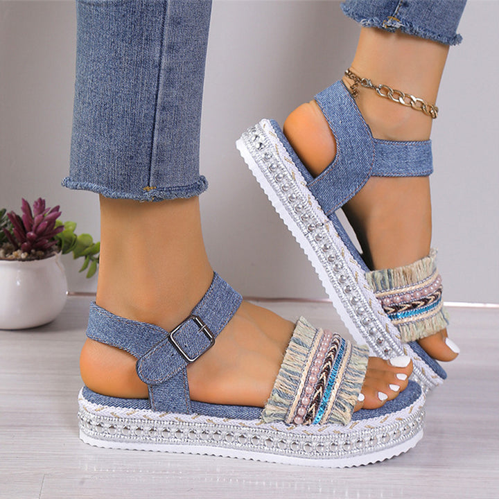 Mode kwastje denim sandalen met dikke zolen platte hak nieuwe zomer henneptouw zool etnische stijl schoenen voor dames