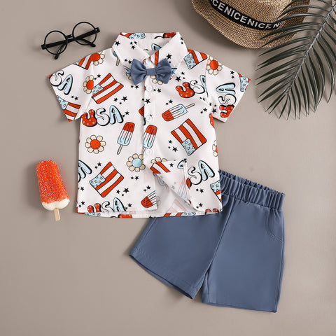 Boys Cute Fashion Gentleman Style Printed Shirt Shorts Suit