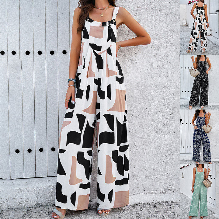 Fashion Print Firkantet hals Jumpsuit med lommer Forår Sommer Casual Løse Overalls Dametøj