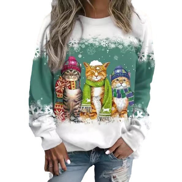 Women's Christmas New Snowman And Cat Printed Long Sleeve Casual Loose-fitting T-shirt