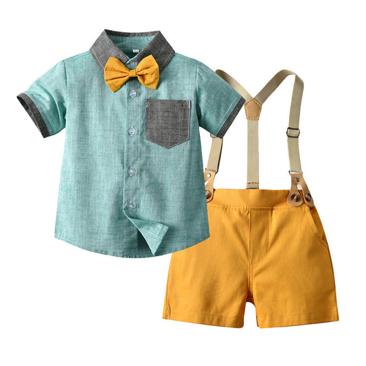 Set Of Fashion Lapel Stitching Short Sleeve Shirt For Children And Boys