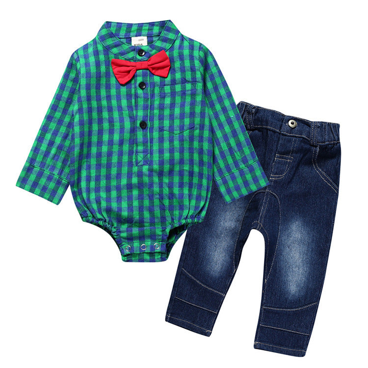 Boy Gentleman Plaid Suit Baby One-Piece Suit Bag Fart Clothes Jeans Kids Suit