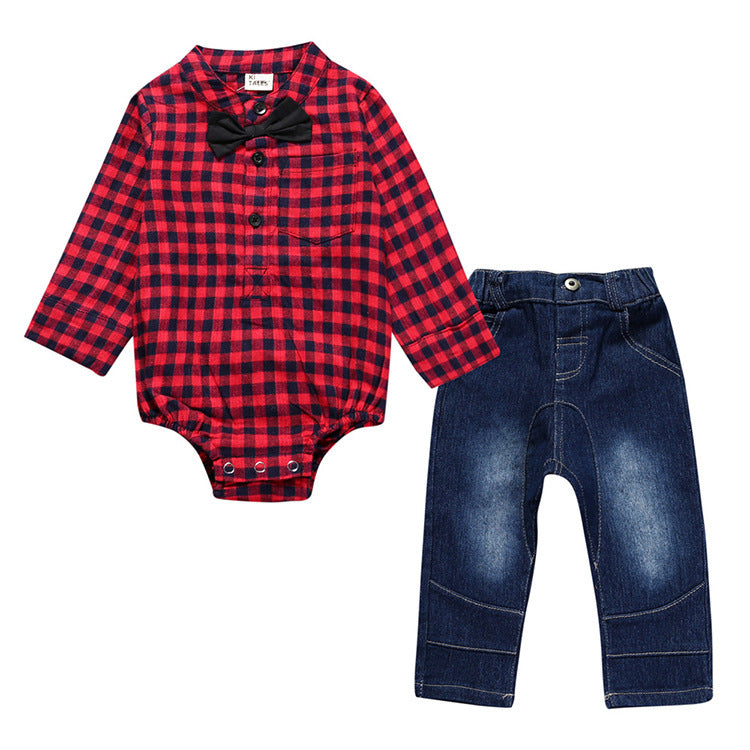 Boy Gentleman Plaid Suit Baby One-Piece Suit Bag Fart Clothes Jeans Kids Suit