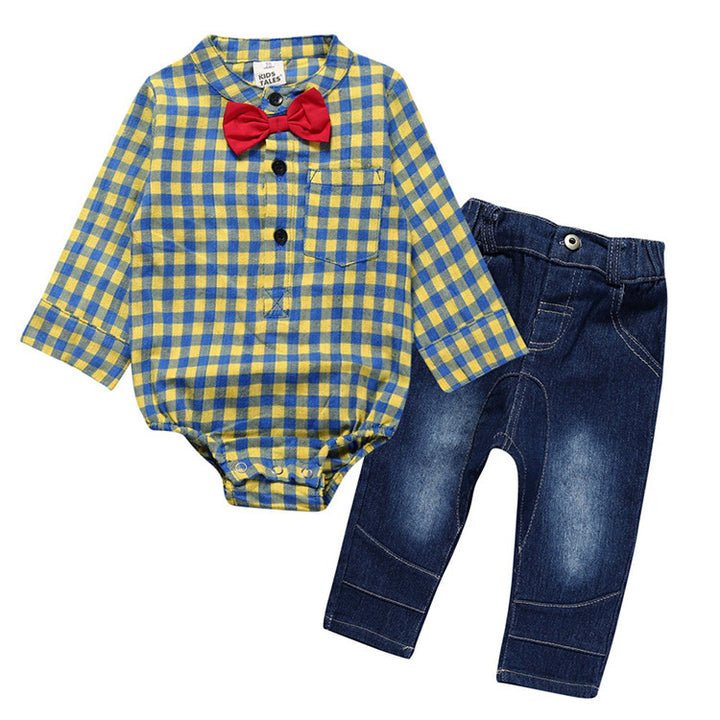 Boy Gentleman Plaid Suit Baby One-Piece Suit Bag Fart Clothes Jeans Kids Suit