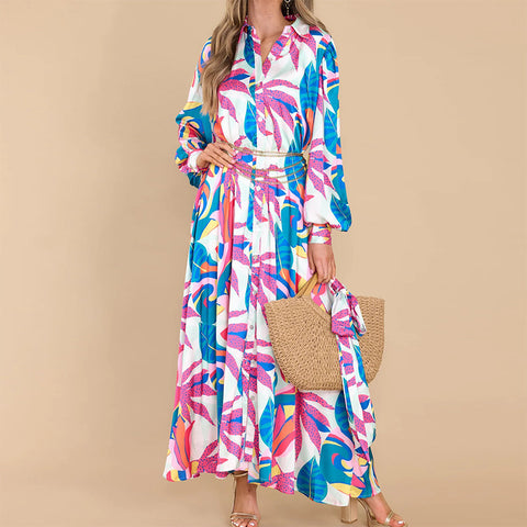 New Printed Dresses Long-sleeved Polo Collar Oversized Hem Dresses Women