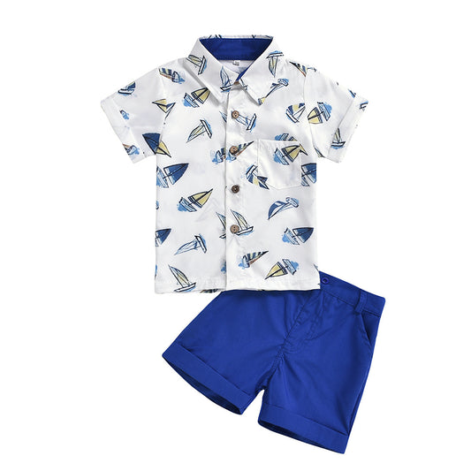 Summer Sailing Print Short-sleeved Shirt Suit Children's Shirt Shorts