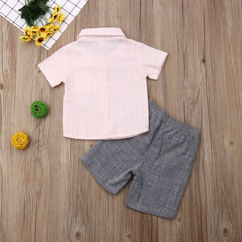 New Boys Short Sleeve Casual Lapel Striped Shirt Shorts Set