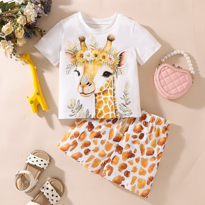 Dessin animé mignon girafe blanc T-shirt à manches courtes short tacheté