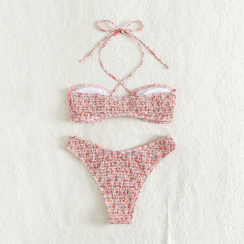 Summer Flowers Print Pleated Design Bikini Set