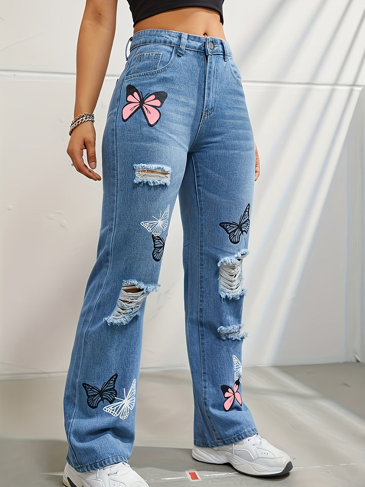 Højtaljede jeans med lige ben til kvinder Trendy sommerfugleprint Rippede distressed denimbukser