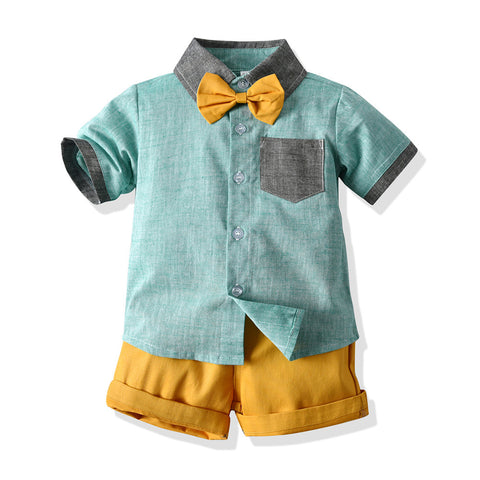 Set Of Fashion Lapel Stitching Short Sleeve Shirt For Children And Boys