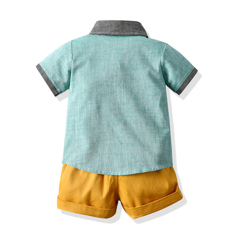 Set Of Fashion Lapel Stitching Short Sleeve Shirt For Children And Boys