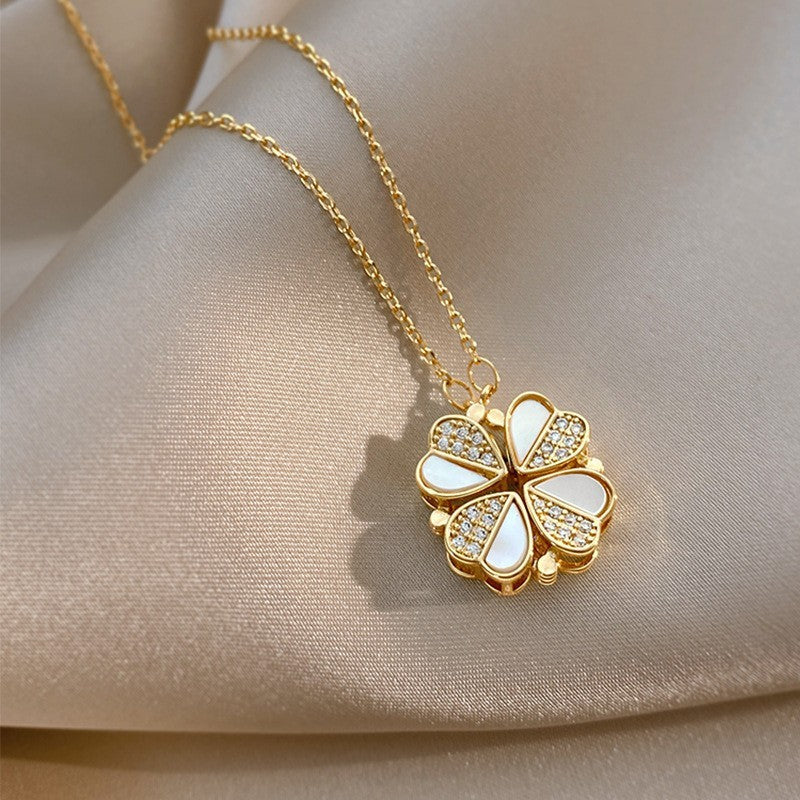 Luxury Four Leaf Clover Pendant Necklace Stainless Steel Crystal Heart Jewelry