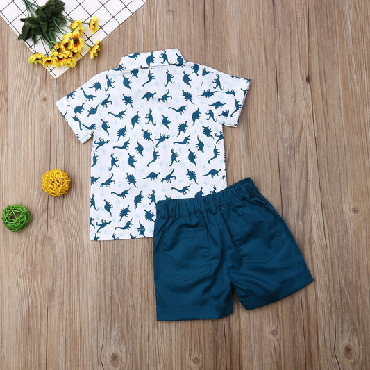 Summer Cartoon Dinosaur Print Short-sleeved Shirt Top Solid Color Two-piece Suit