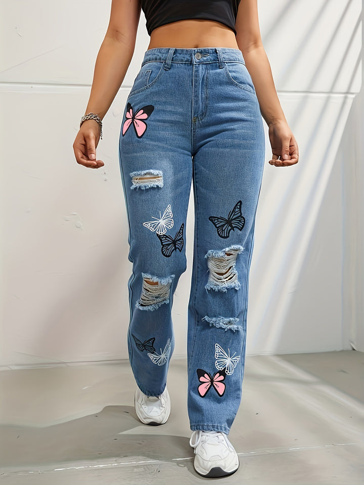 Højtaljede jeans med lige ben til kvinder Trendy sommerfugleprint Rippede distressed denimbukser