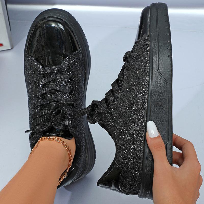 Glitter pailletten ontwerp platte schoenen dames trendy casual dikke zolen veterschoenen mode skateboard schoenen