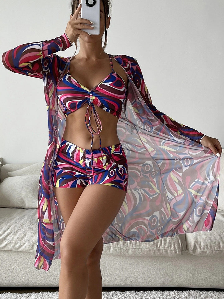 3pcs Pring Bikini With Long Sleeve Swimsuit