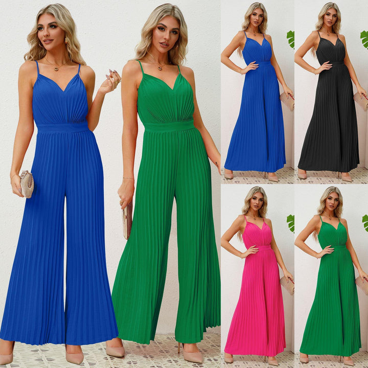 V-hals jarretel geplooide jumpsuit effen kleur losse rechte broek dameskleding