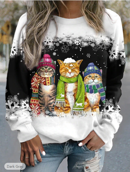 Women's Christmas New Snowman And Cat Printed Long Sleeve Casual Loose-fitting T-shirt