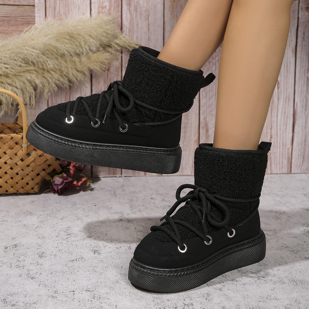 Fashion Lace-up Snow Boots Winter Flat Thick-soled Height-enhancing Cotton Shoes For Women Casual Warm Short Boot