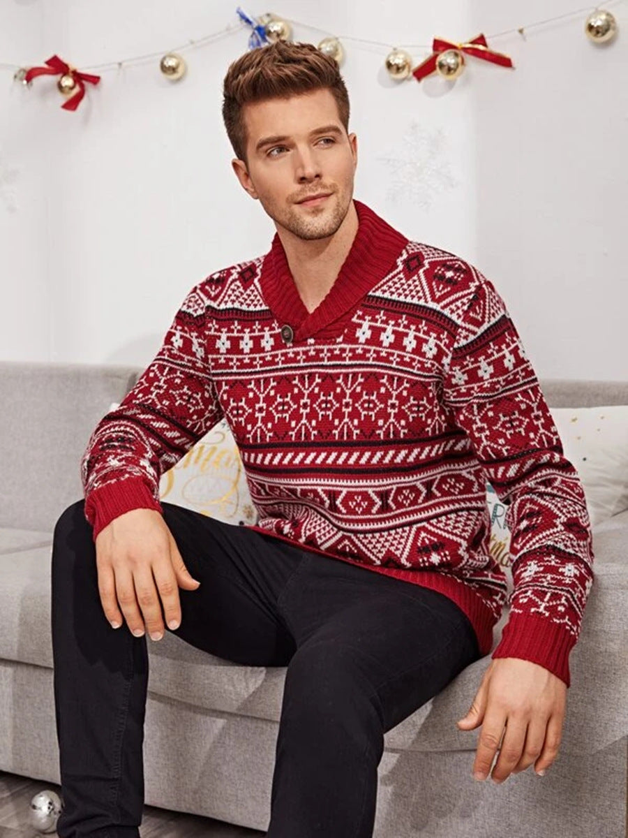 Christmas Elk Lapel Strikket Sweater Herre