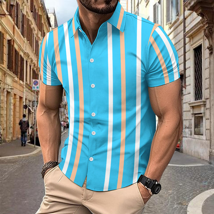 Casual Striped Printed Short Sleeve Shirt Summer Lapel Button Top Men's Clothing