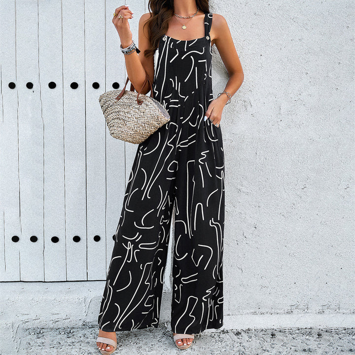 Fashion Print Firkantet hals Jumpsuit med lommer Forår Sommer Casual Løse Overalls Dametøj