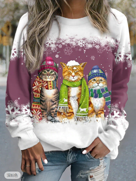 Women's Christmas New Snowman And Cat Printed Long Sleeve Casual Loose-fitting T-shirt