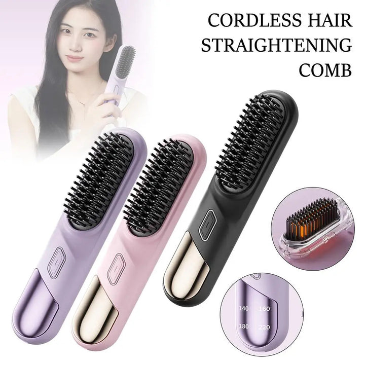 Lisseur cheveux secs et humides, brosse sans fil avec chauffage rapide, Ions négatifs, pour cheveux bouclés et moelleux, électrique