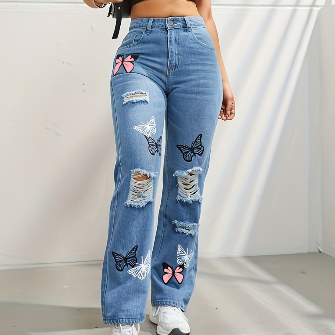 Højtaljede jeans med lige ben til kvinder Trendy sommerfugleprint Rippede distressed denimbukser