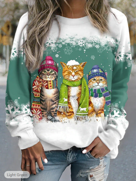 Women's Christmas New Snowman And Cat Printed Long Sleeve Casual Loose-fitting T-shirt