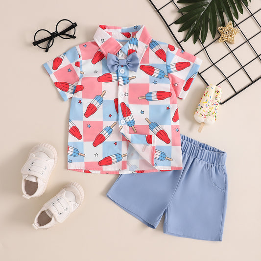 Boys Cute Fashion Gentleman Style Printed Shirt Shorts Suit