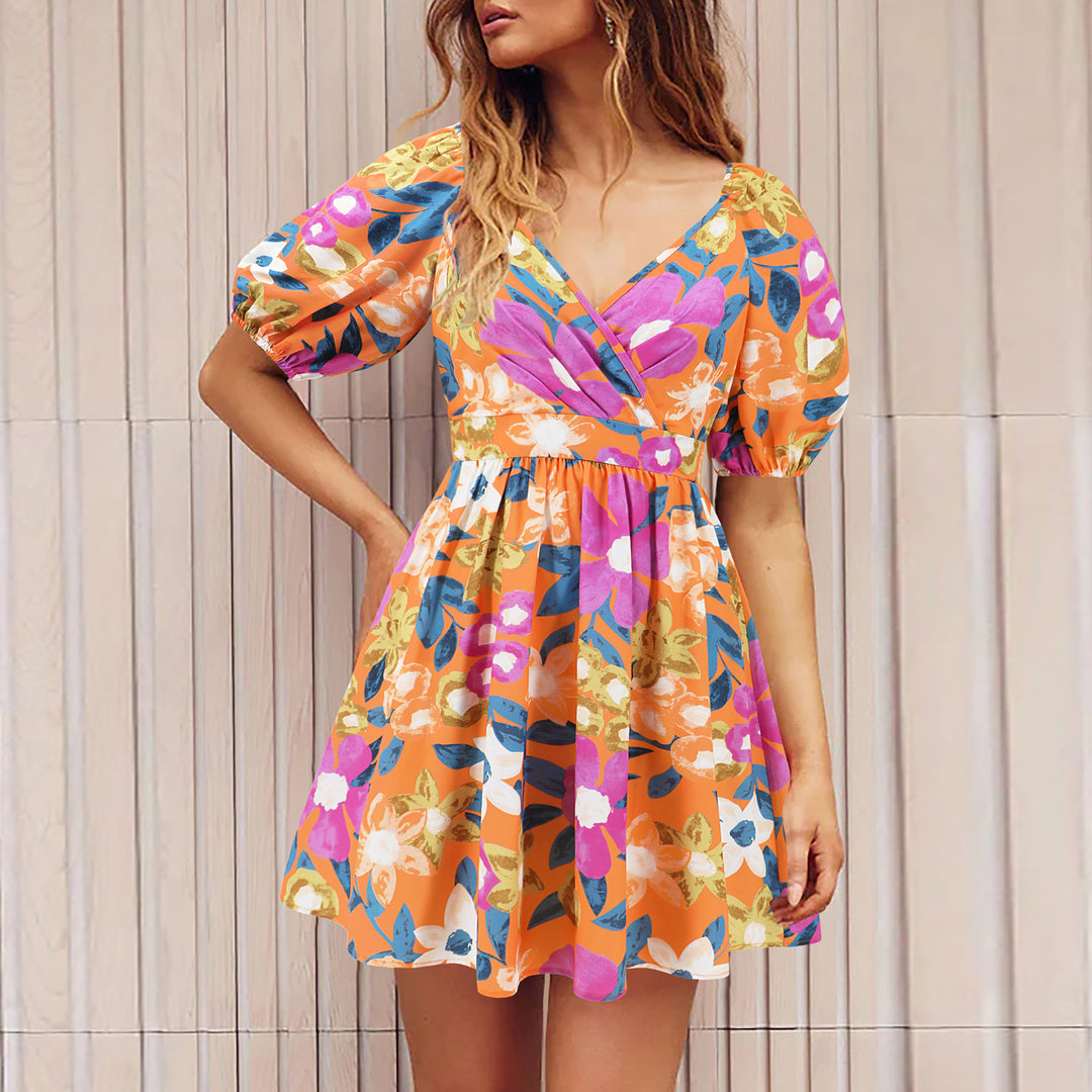 Flowers Print V-Neck Lantern-sleeve Dress