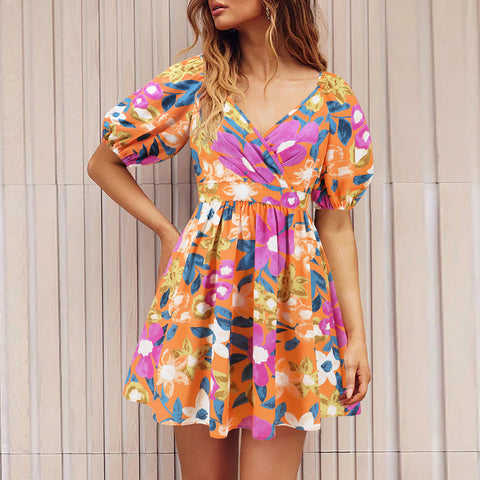 Flowers Print V-Neck Lantern-sleeve Dress