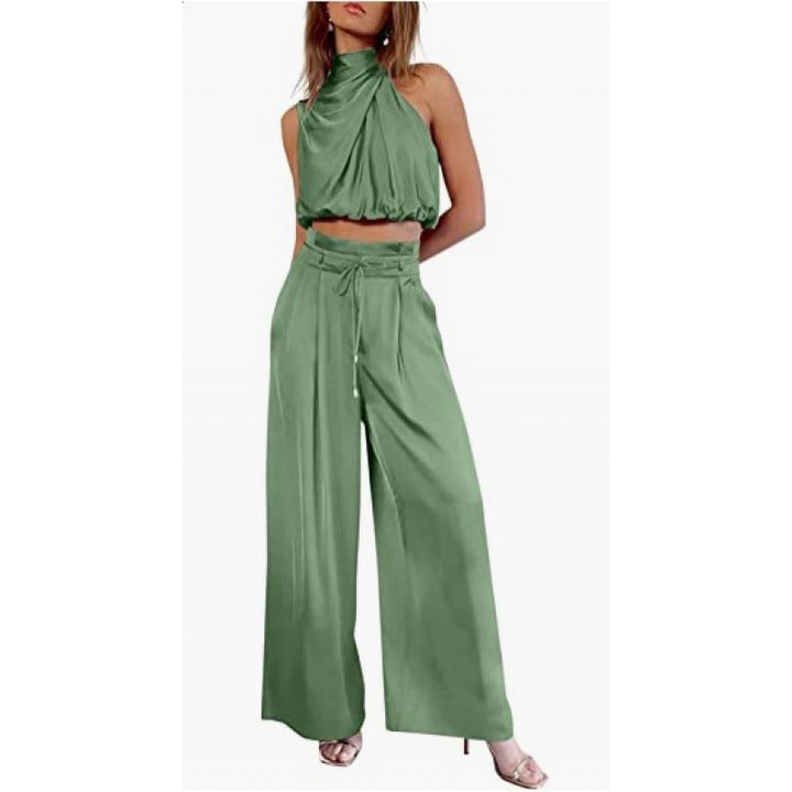 2pc Casual Sleeveless Midriff-baring Top And Wide Leg Pants Set