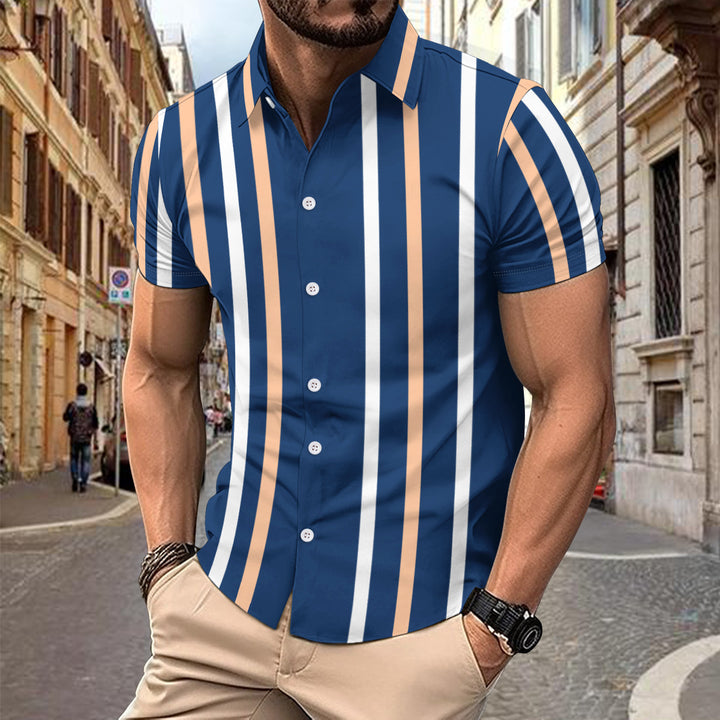 Casual Striped Printed Short Sleeve Shirt Summer Lapel Button Top Men's Clothing