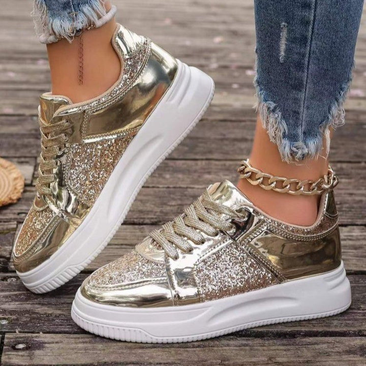 Fashion Lace-up Flat Shoes With Sequin Design Casual Sports Thick Bottom Round Toe Shoes For Women Non-slip Walking Sneakers