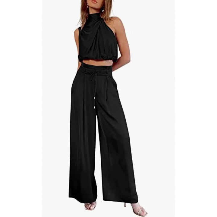 2pc Casual Sleeveless Midriff-baring Top And Wide Leg Pants Set