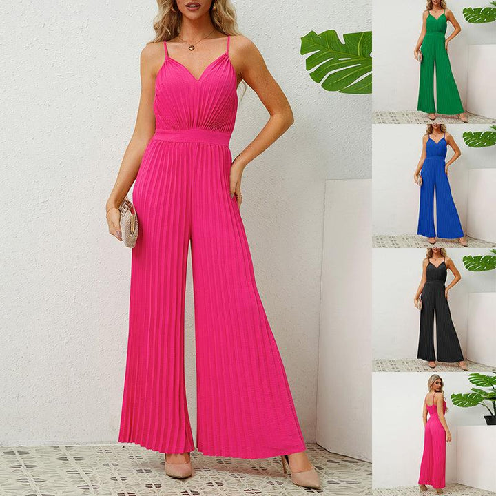 V-hals jarretel geplooide jumpsuit effen kleur losse rechte broek dameskleding