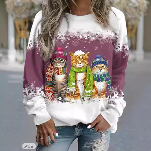 Women's Christmas New Snowman And Cat Printed Long Sleeve Casual Loose-fitting T-shirt