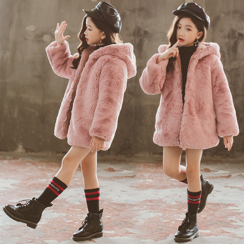 Girls' Faux Fur Coat Medium And Large Children Thickened Thermal Furry Clothes Children's Winter Clothing New Artificial Wool Coat