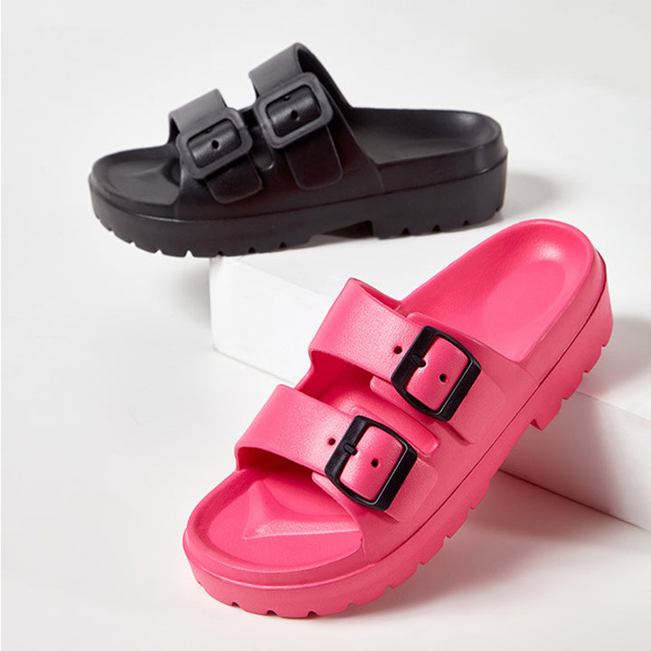 Mode Slippers met Dubbele Gesp Zomer Platform Tuin Strand Schoenen Casual Antislip Vloer Badkamer Thuis Slipper Voor Vrouwen