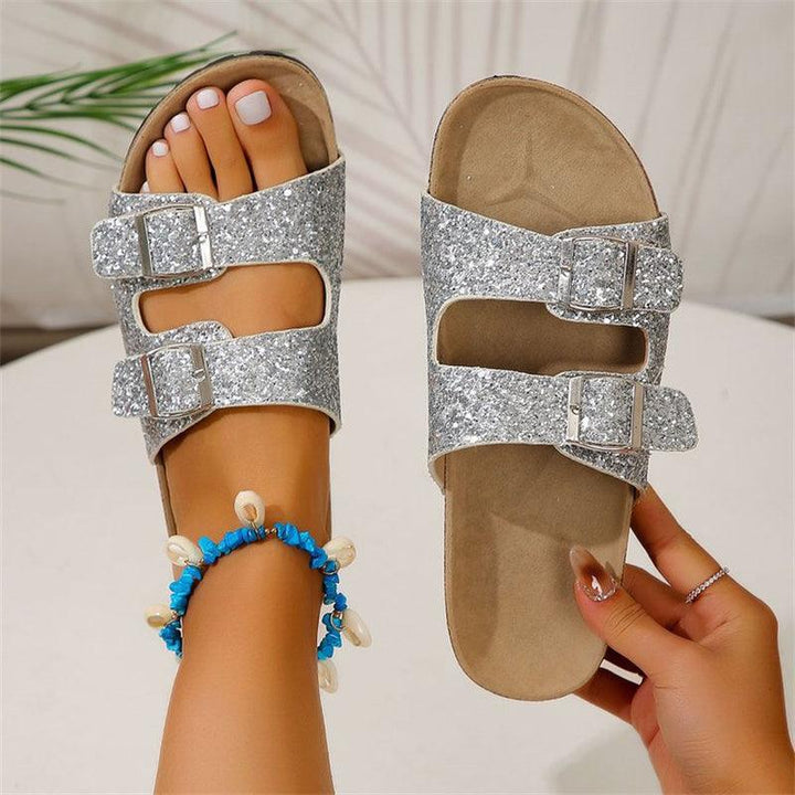 Sandalen met dubbele gesp voor dames Nieuwe mode strandschoenen met lovertjes Zomervrije tijd Outdoor Slippers Slides